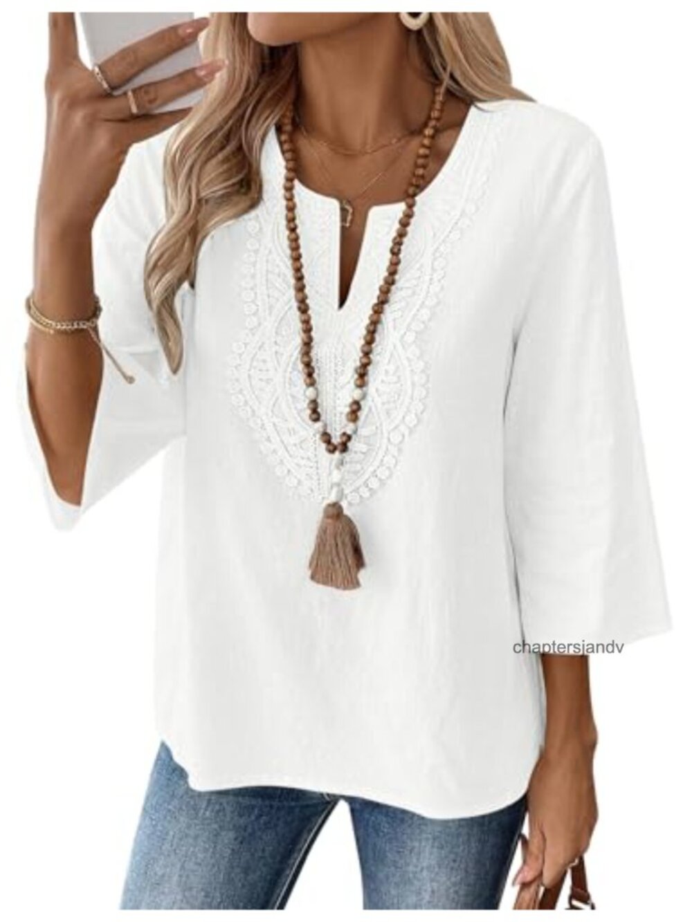 Women's Cotton Linen 3/4 Sleeve V-Neck Blouse Lace Peasant Top